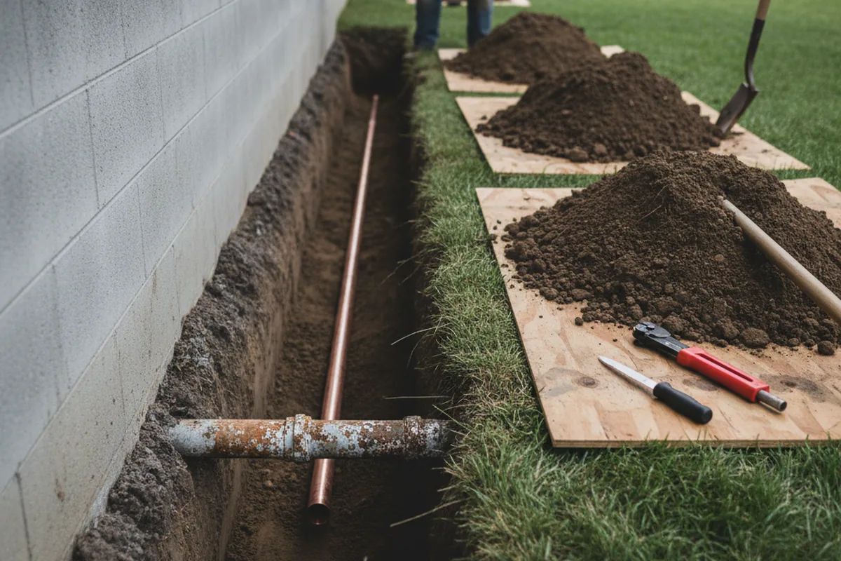 Excavated water line trench during Water Softener Installation in Copiague